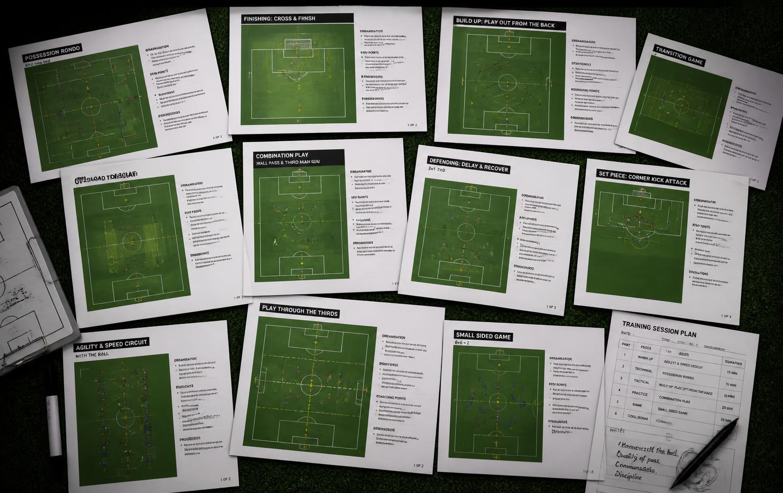 Colección de 500 fichas de entrenamiento de fútbol con diagramas tácticos